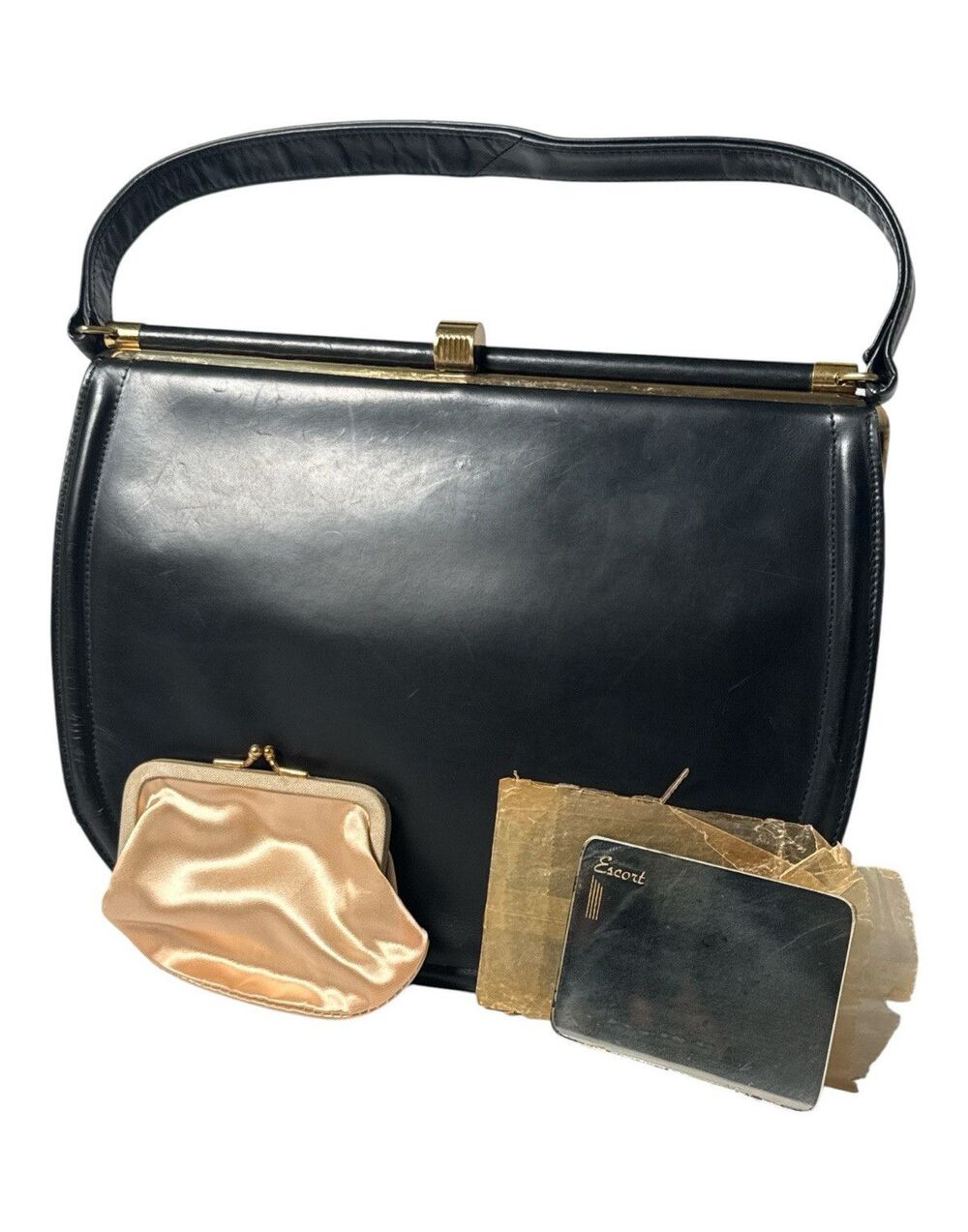 Escort Black Crescent Top Handle Frame Bag Clasp Gold HW Coin Purse Mirror